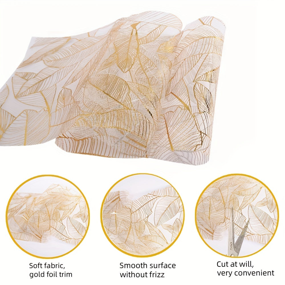 Golden Leaf Organza Metallic Table Runner for Home Kitchen Table Decoration