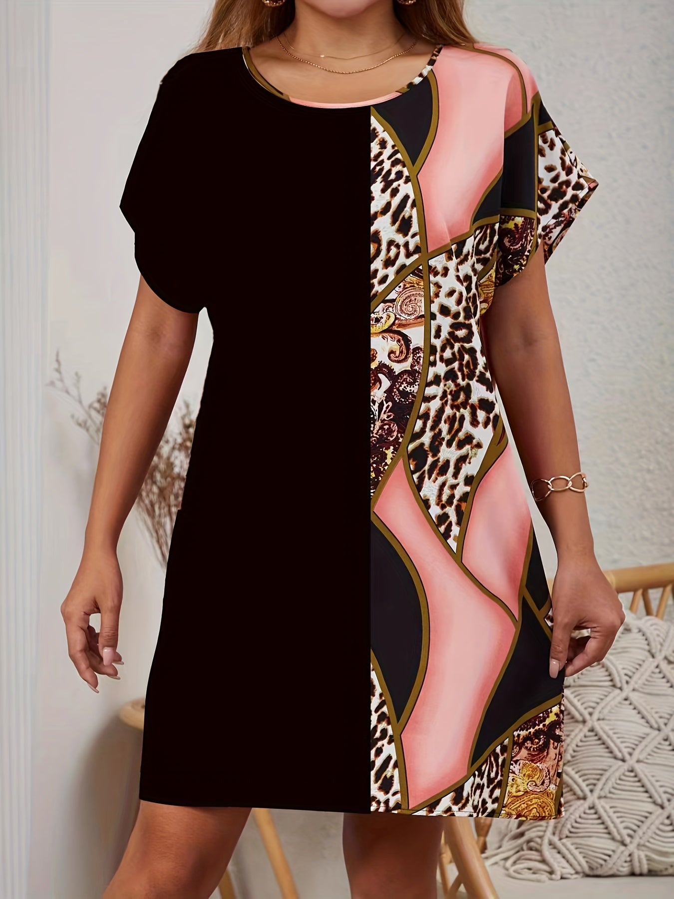 Random Print Crew Neck Casual Dress For Summer & Spring Women's Clothing