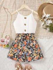 2pcs Girls Button Cami Top & Floral Shorts Set Kids Summer Clothes
