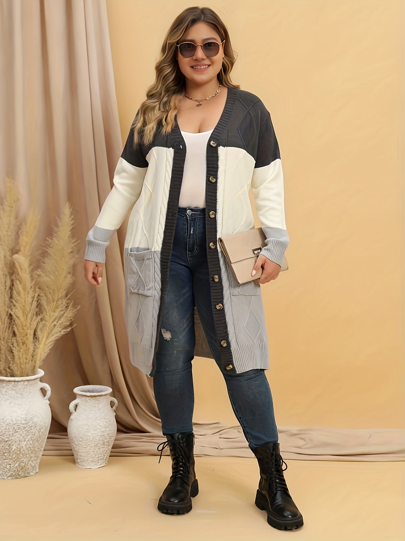 Colorblock Long Sleeve Button Up Cardigan