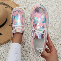 Sequins Detail Flat Slip On Low Lace Up Round Toe Shoes