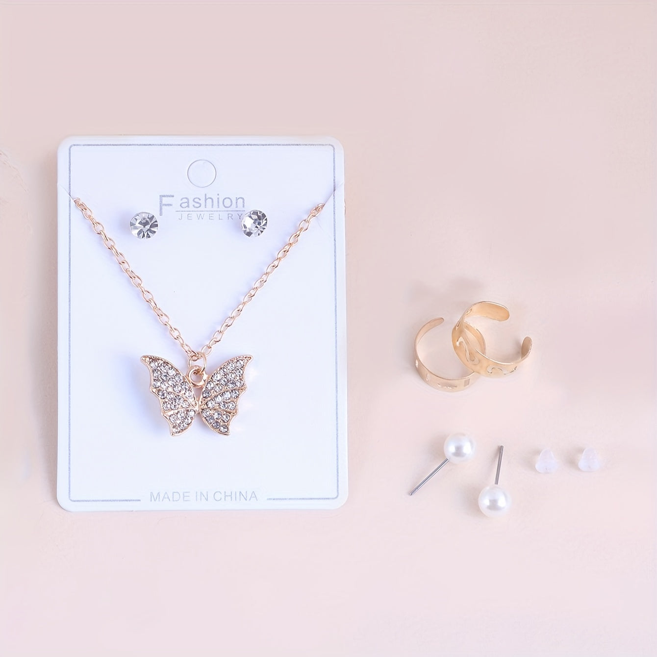 Golden Butterfly Pendant Necklace Rhinestone Earrings Ring Pearl Jewelry Set