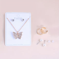 Golden Butterfly Pendant Necklace Rhinestone Earrings Ring Pearl Jewelry Set