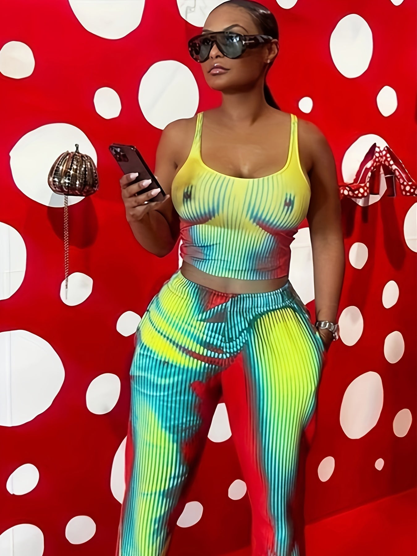 U Neck Crop Tank Top & Wide Leg Pants 2-Piece Set