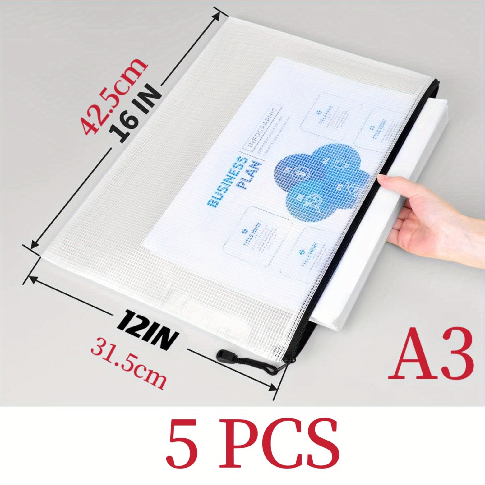 5pcs Mesh Zipper File Bag A3 Size Waterproof Zipper Bag A4 A5 Size