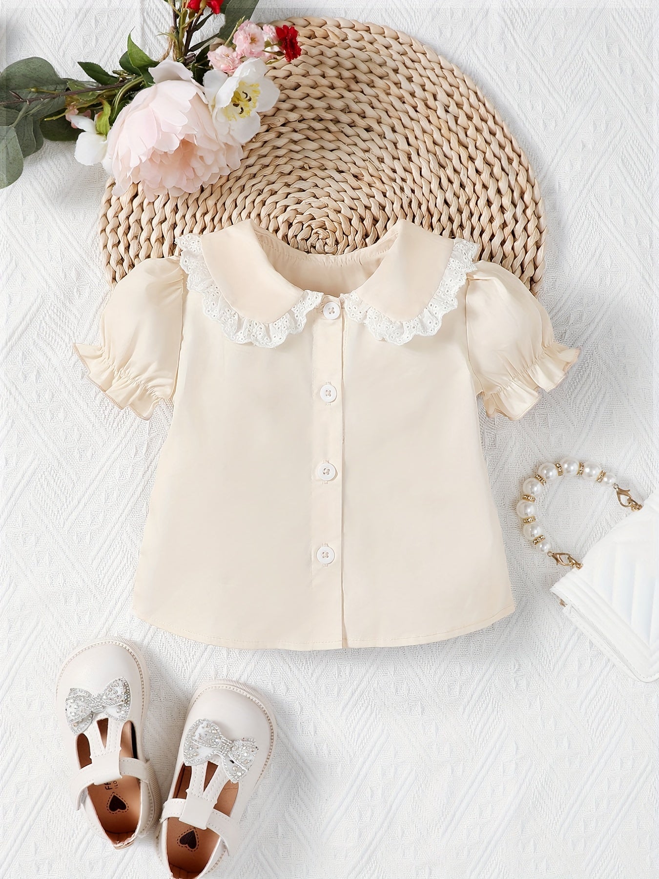 Girl's Lace Trim Doll Collar Ruffle Cuff Shirt