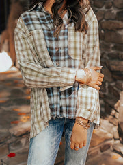 Plaid Print Sports Shirt Long Sleeves Loose Button Pocket Tops