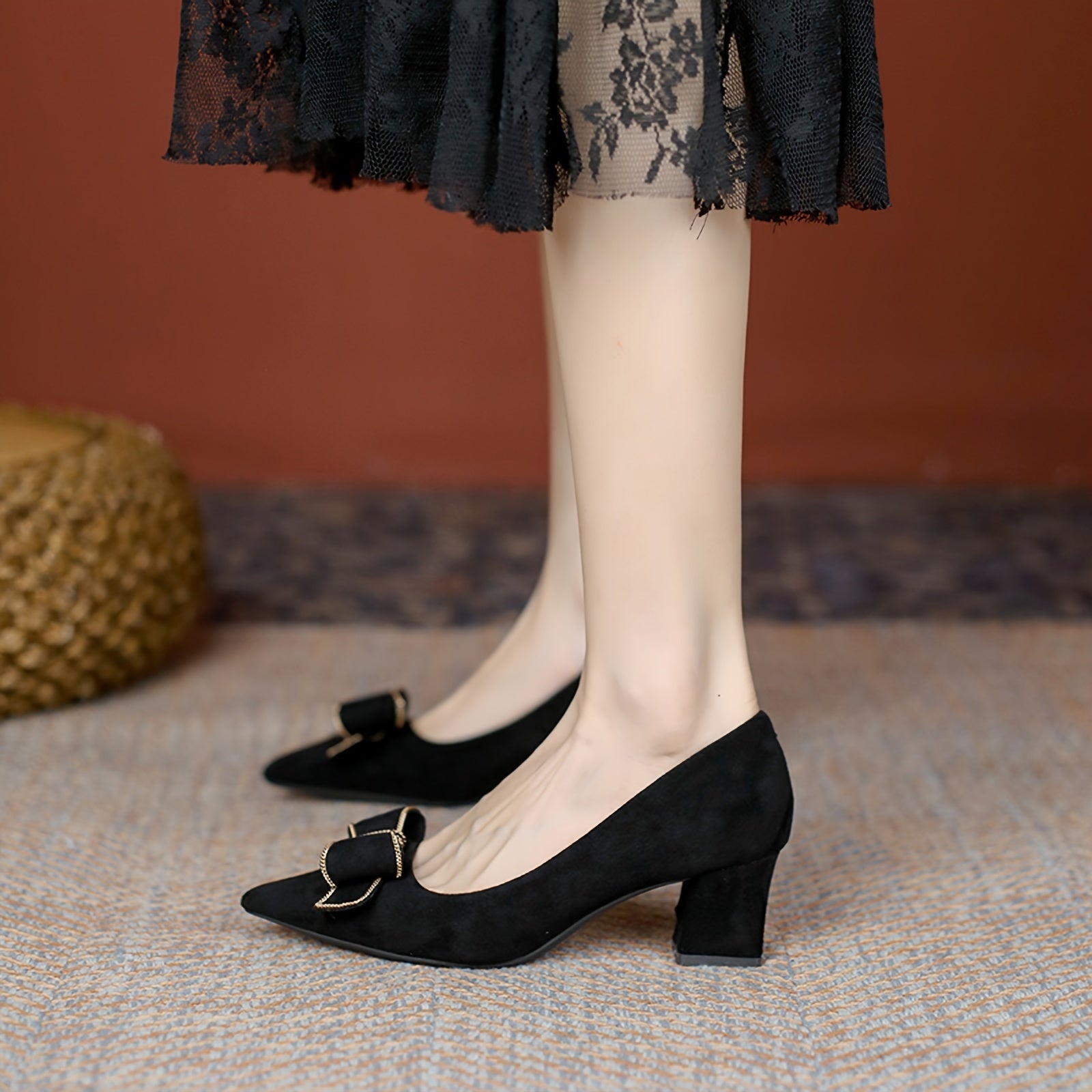 Pointed Toe Bowknot Slip On High Heels Soft Sole Chunky Heel Pumps