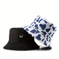 Cow Pattern Reversible Bucket Hat Smiling Face Embroidery Basin Hat