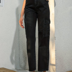 High Rise Denim Pants Solid Slash Pocket Straight Leg Jeans