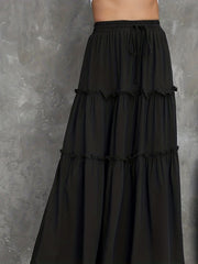 Ruched Maxi Skirt Solid Color Drawstring Waist Casual Elastic