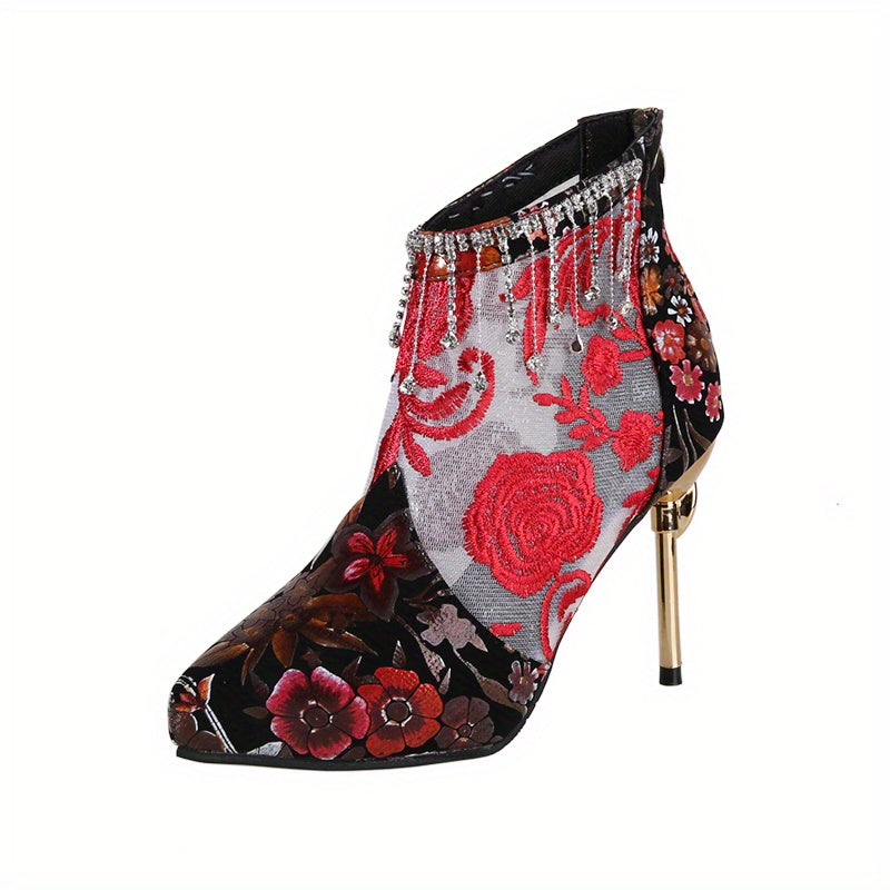 Floral Rhinestone Pendant High Heel Platform Stiletto Heels