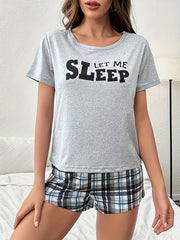 Letter Print Lounge Set & Plaid Shorts Women's Loungewear