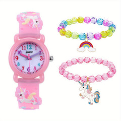 Cartoon Unicorn Quartz Watch Beaded Bracelets Set for Girls
