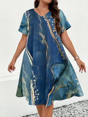 Women's Plus Marble Print V Neck Loose Fit Knee Dress