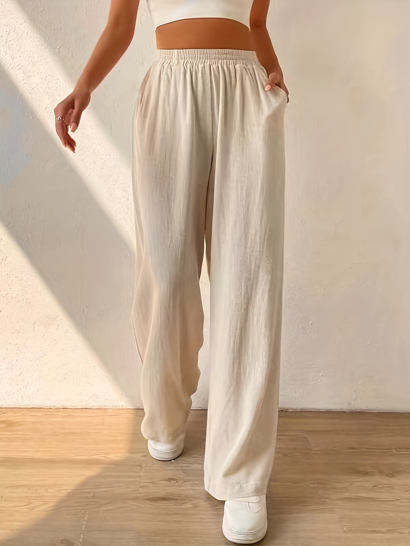 High Waist Wide Leg Pants with Dual Pockets for Women