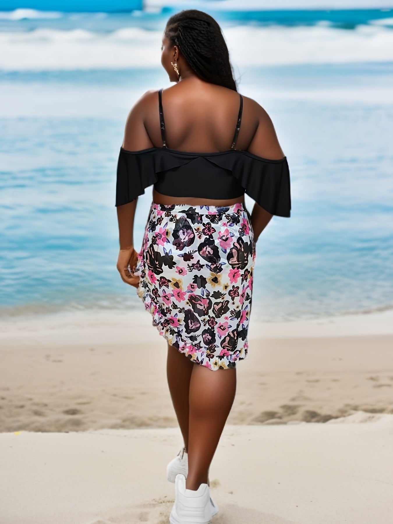 Cold Shoulder Bikini Set with Ruffle Trim & Cover Up Skirt