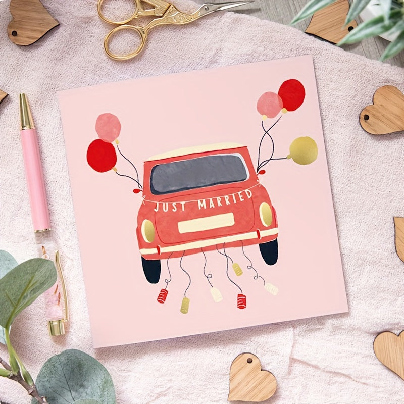 Foil Red Car Just Married Wedding Greeting Card - Newly Weds or Bride and Groom