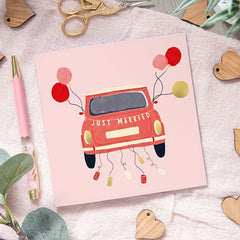 Foil Red Car Just Married Wedding Greeting Card - Newly Weds or Bride and Groom