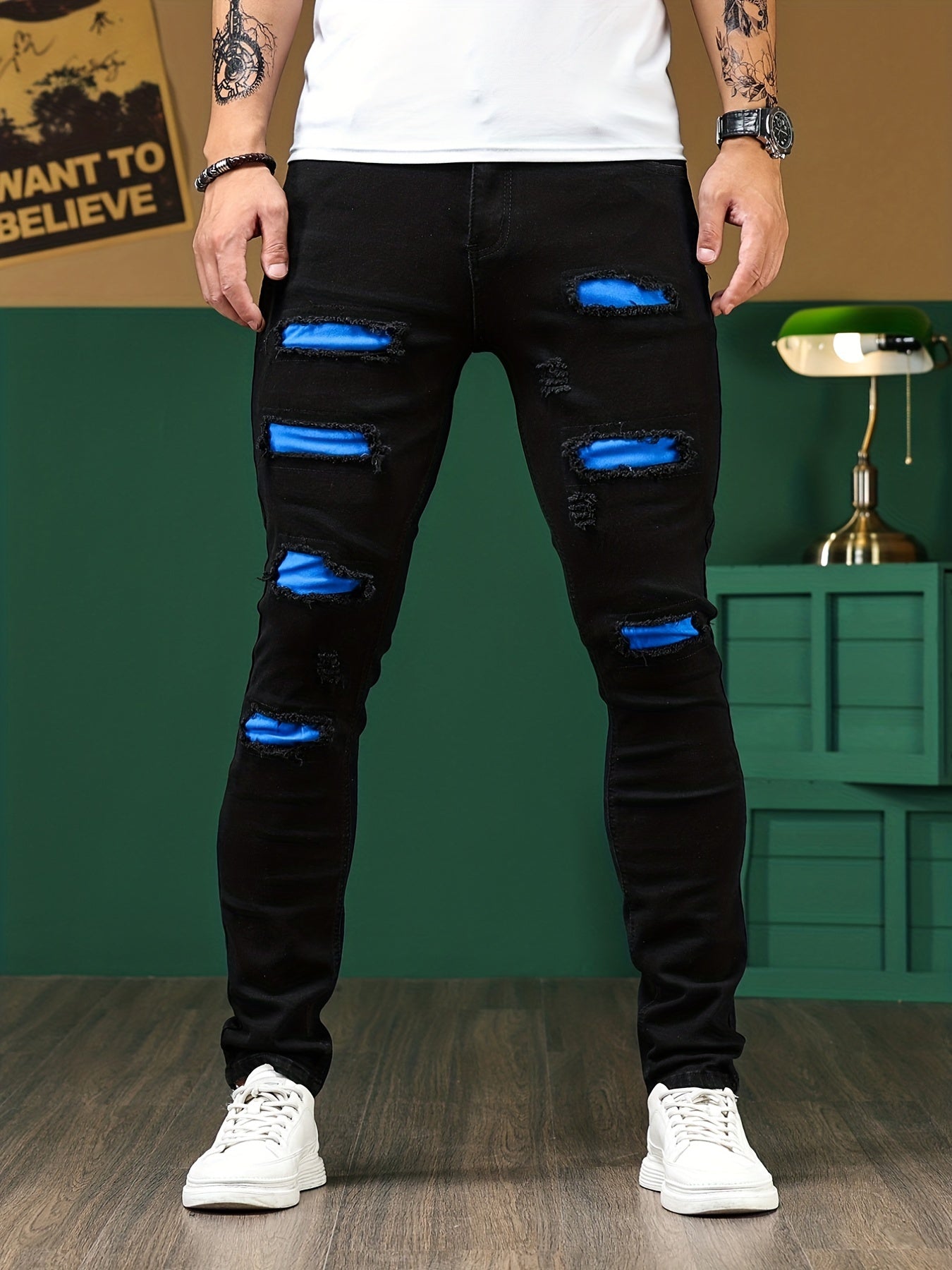 Mens Stretch Ripped Jeans Casual Street Style Denim Pants