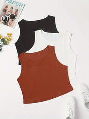 3 Pack Plus Size Basic Tank Top Women's Plus Ribbed Plain Round Neck