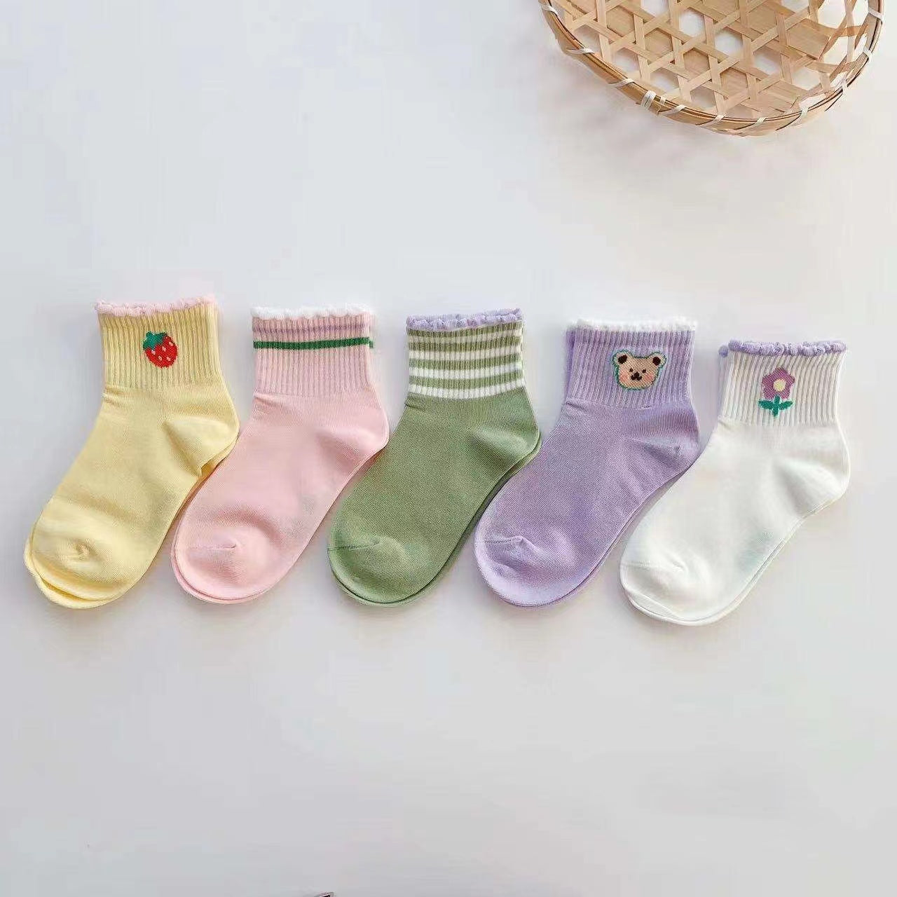 5 Pairs Girls Cartoon Print Ruffled Knit Socks for Spring & Summer