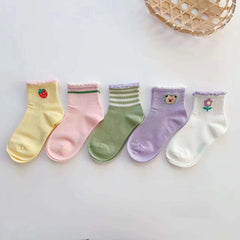 5 Pairs Girls Cartoon Print Ruffled Knit Socks for Spring & Summer