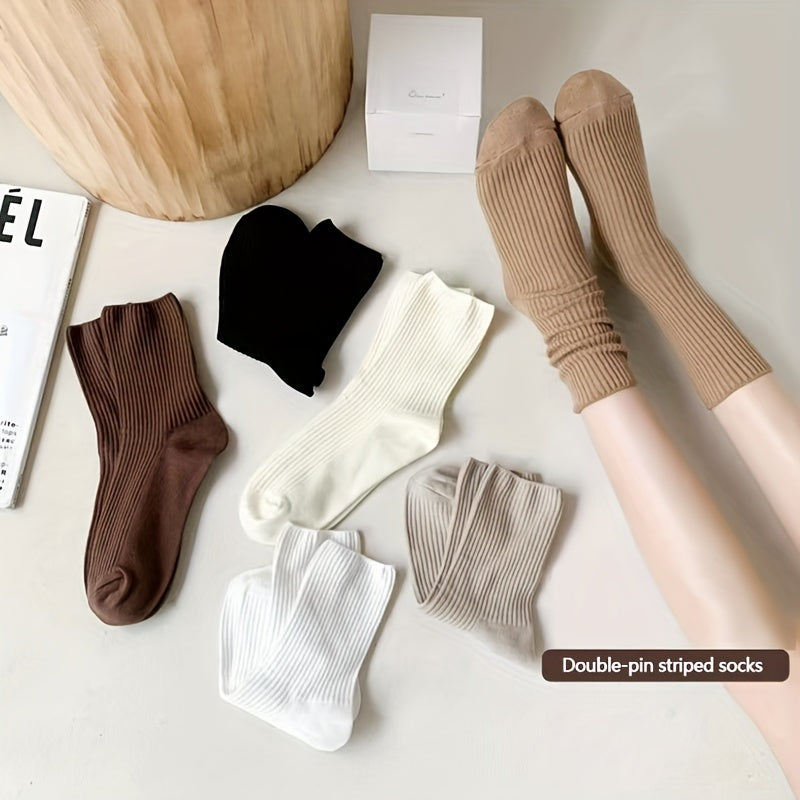 3 Pairs Solid Ribbed Socks Women's Stockings