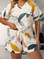 Plus Size Retro Pajamas Set Leaf & Bird Print Tee & Shorts Lounge 2