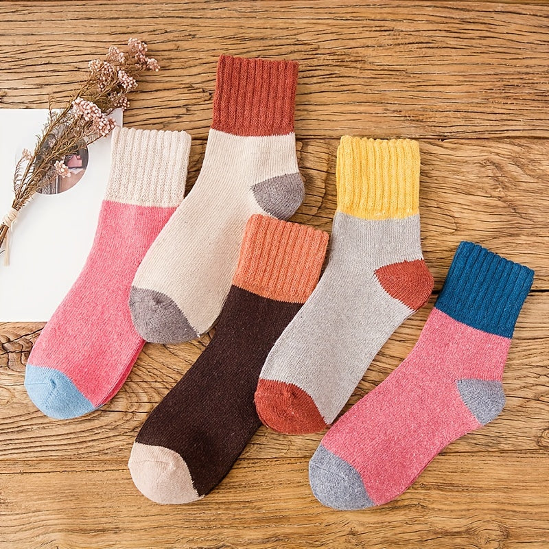 5 Pairs Colorblock Crew Socks Cozy Mid Tube Stockings Women's Hosiery