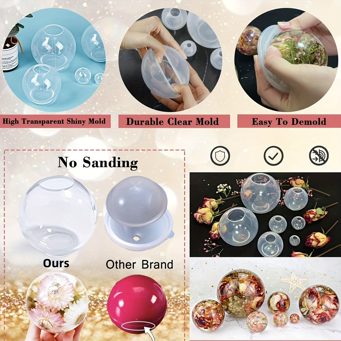 10 Clear Silicone Sphere Molds for Resin Casting - 3D Seamless Large Round