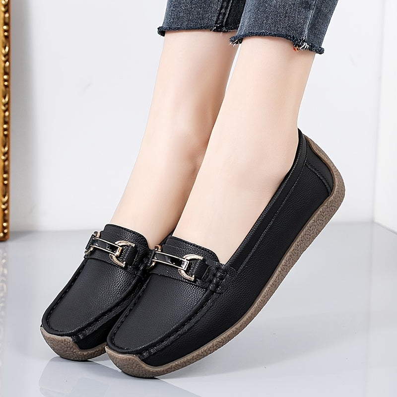 Women's Metal Buckle Slip On Loafers Comfortable Flat Moccasins