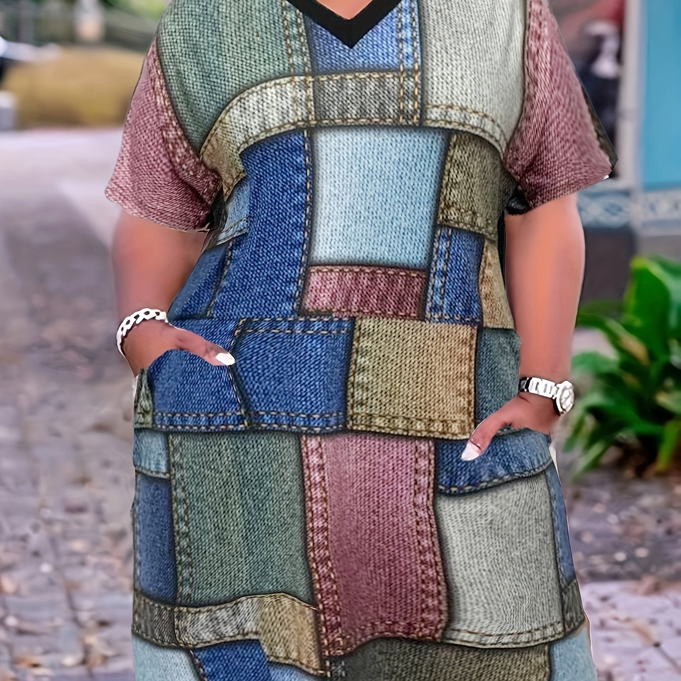 Colorblock Denim Print Short Sleeve V Neck Dress