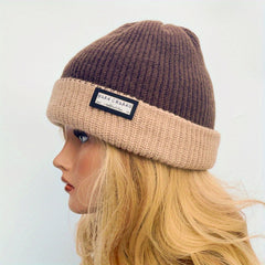 Warm Knit Beanie Hat Patch Block Design Casual Skull Cap