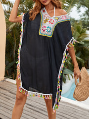 Colorful Tassel Trim V Neck Cover Up Kaftan Batwing Sleeve Beach Cover Up Dress
