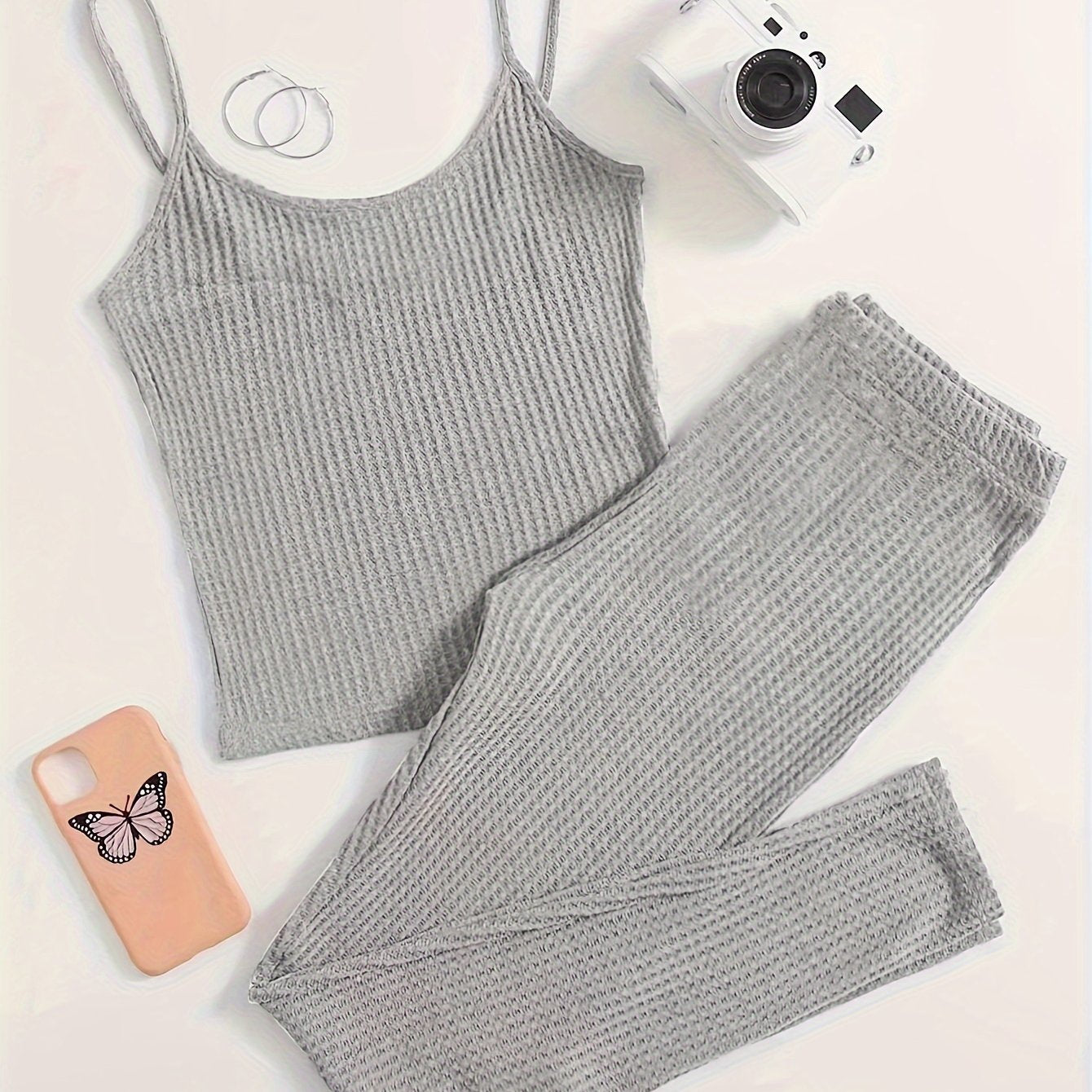 Solid Waffle Lounge Set Cami Top & Pants Women's Loungewear