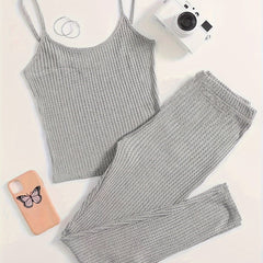 Solid Waffle Lounge Set Cami Top & Pants Women's Loungewear