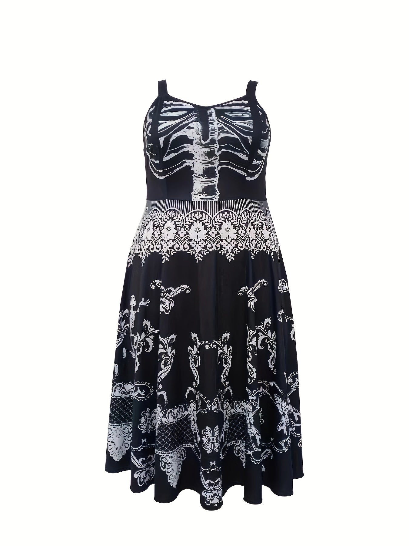 Women's Plus Skull & Floral Print V Neck Stretch Cam