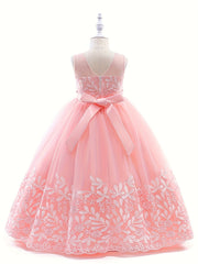 Girls' Grace Embroidered Tulle Stitching Formal Maxi Dress