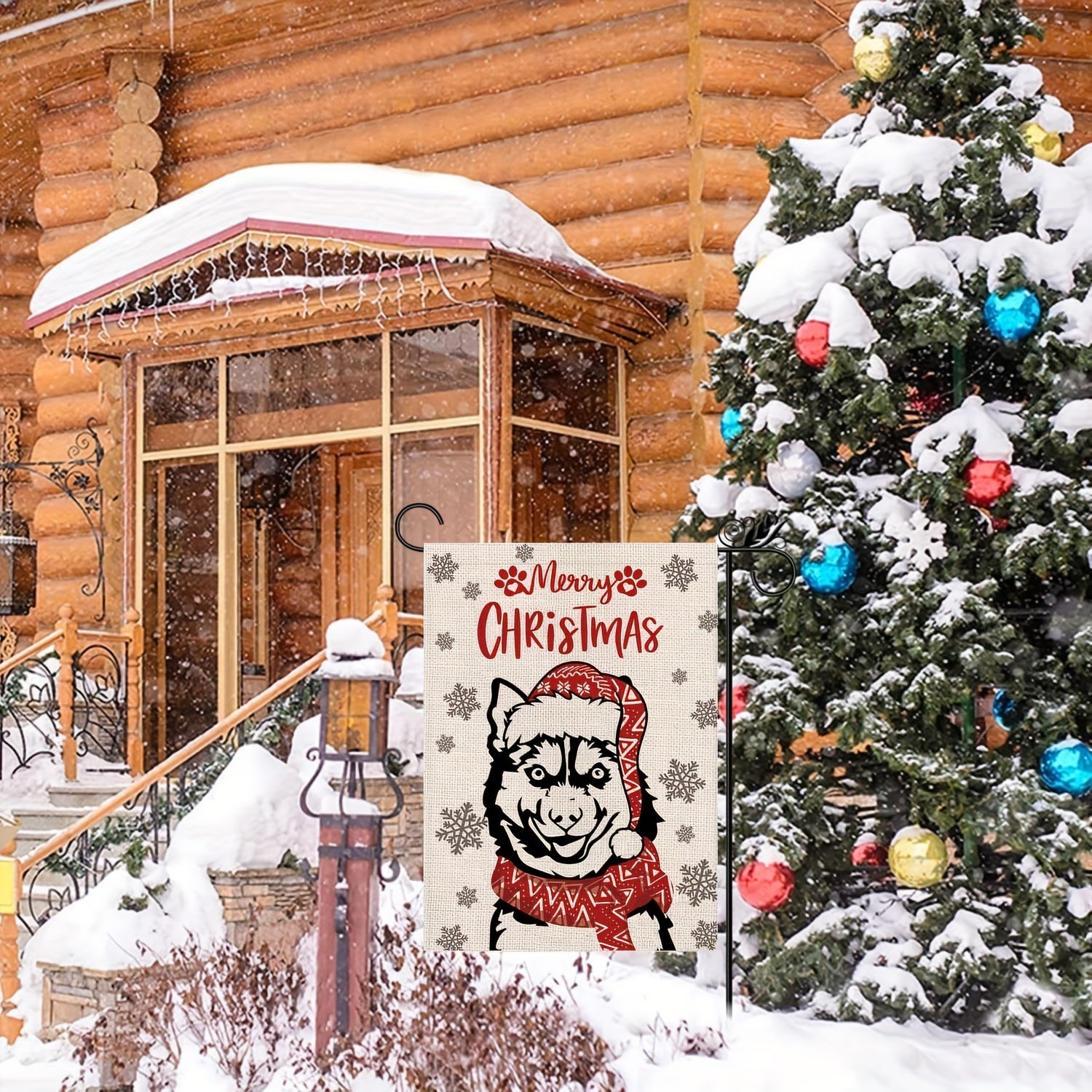 Christmas Garden Flag Husky Dog Xmas Winter Decoration Burlap Double Sided