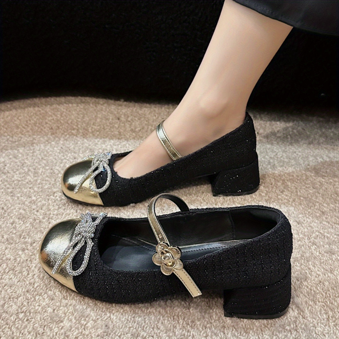 Women's Rhinestone Bow Mary Janes Chunky Heel Buckle Outdoor Dress Shoes