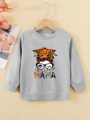Halloween Portrait Graphic Sweatshirt For Girls Round Neck Comfy Fit