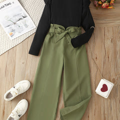 Girl's Ribbed Top & Wide Leg Pants Set for Spring Fall