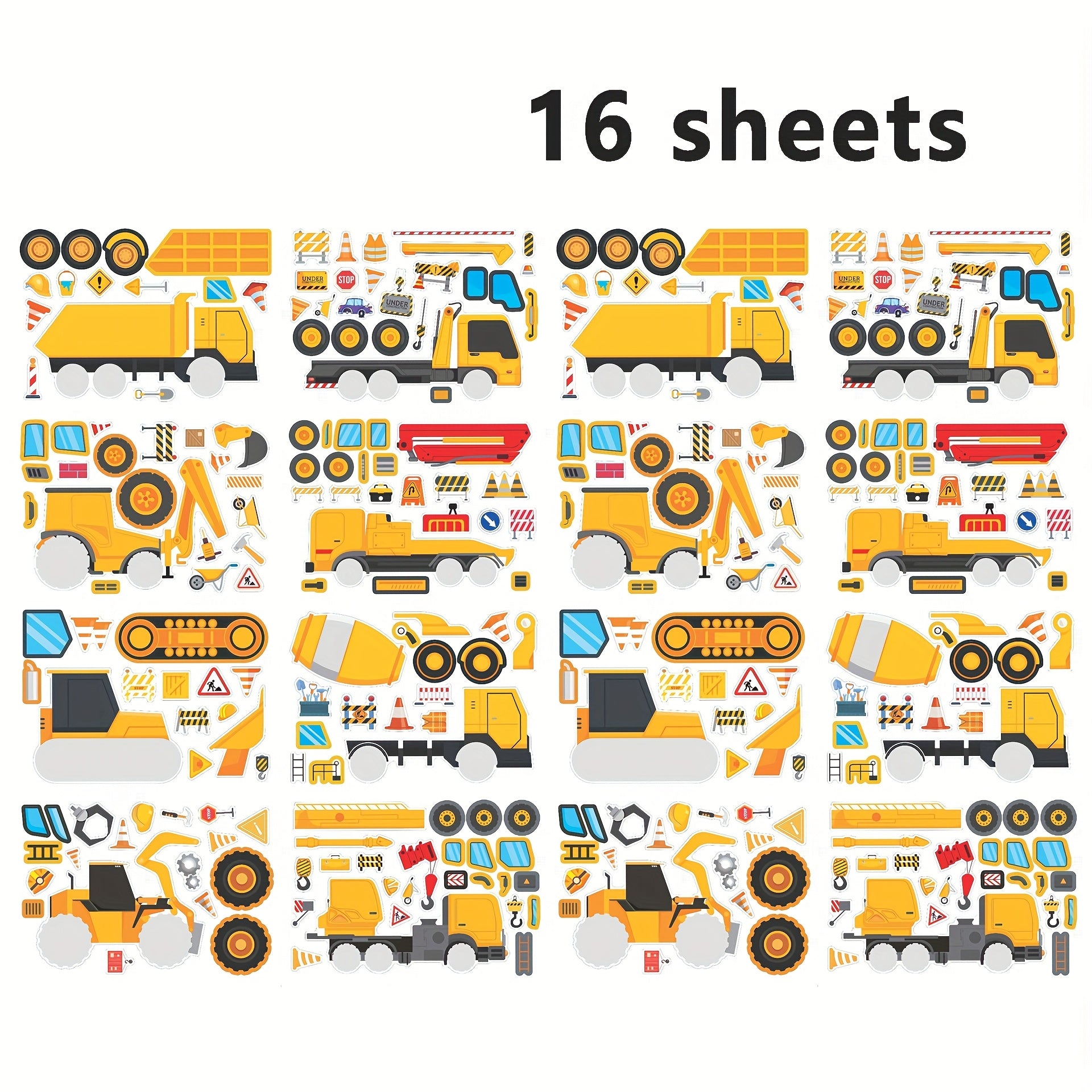 16pcs Construction Vehicle Puzzle Stickers Excavator Crane Mixer Truck Stickers