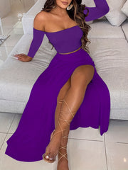 Boho Two piece Skirt Set Off Shoulder Crop Top & Midi Skirt Outfit