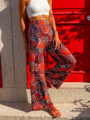 Boho Floral Print Wide Leg Pants High Waist Elastic