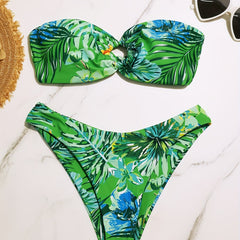 Tropical Plant Leaf & Flower Print Bandeau Two Piece Bikini Set