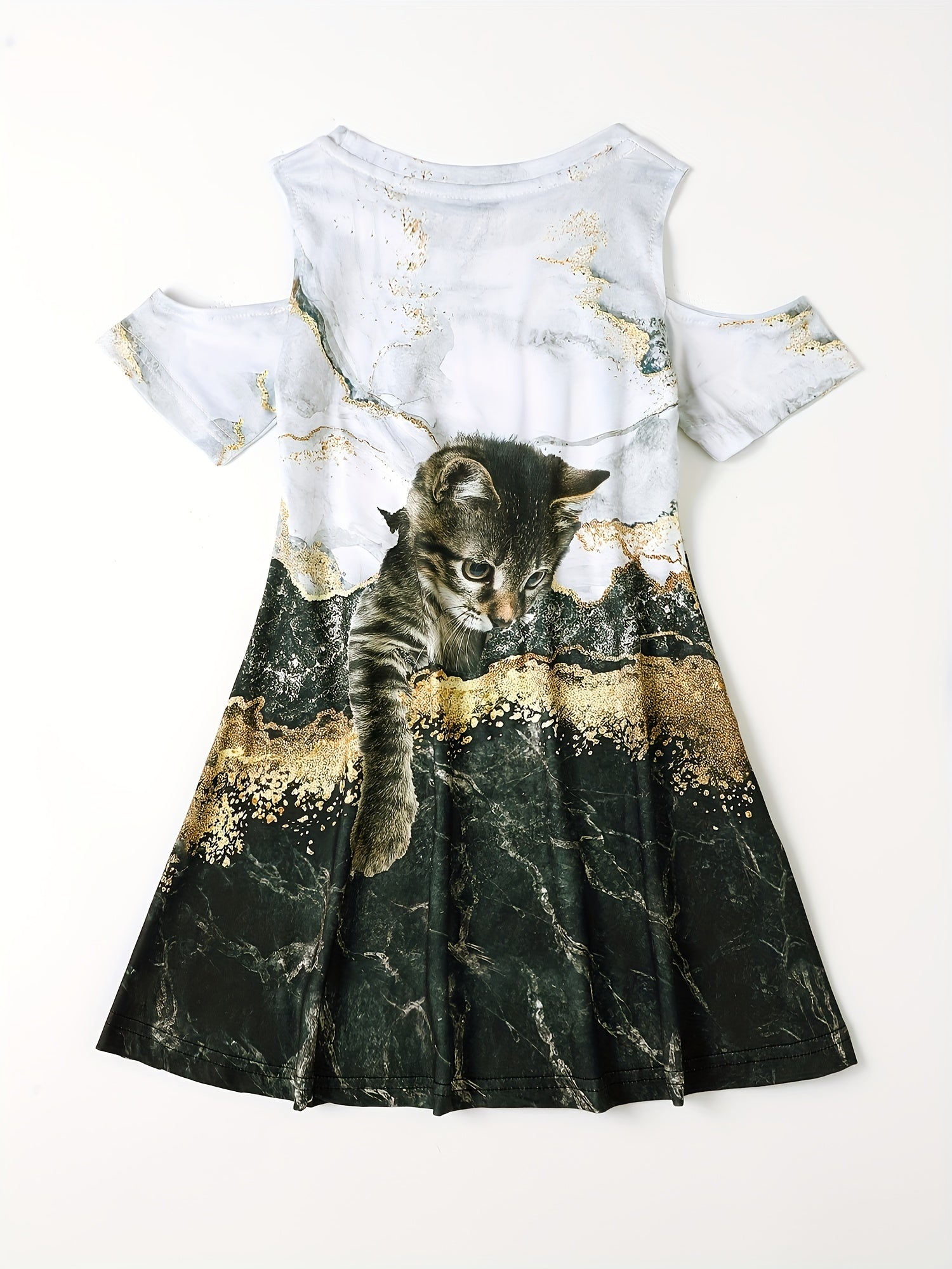 Girls 3D Kitty Cold Shoulder Dress - Summer Party Clothes