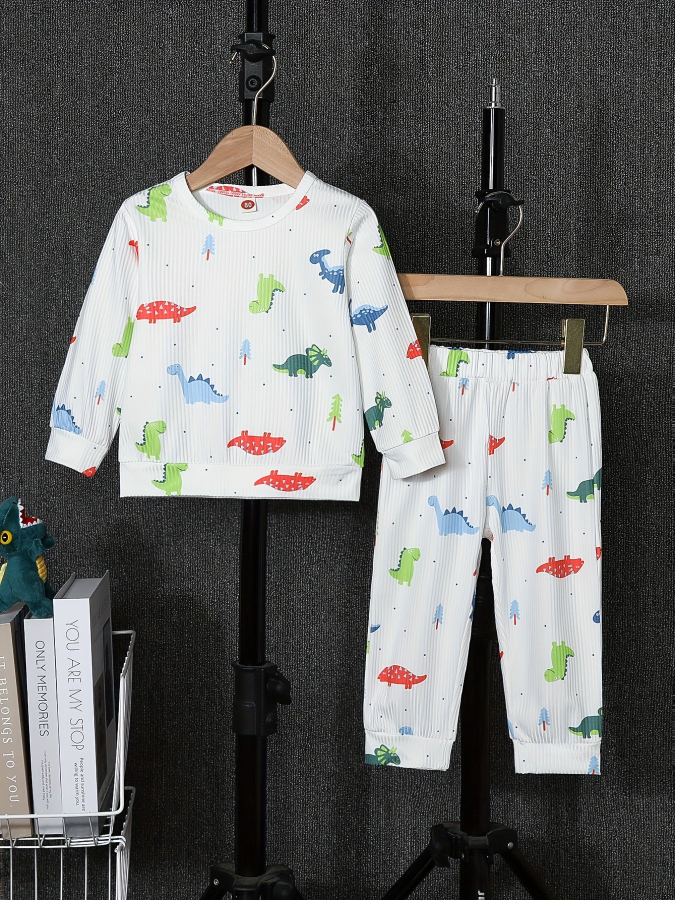 2pcs Dino Graphic Print Pullover & Pants Set for Baby Boys & Girls