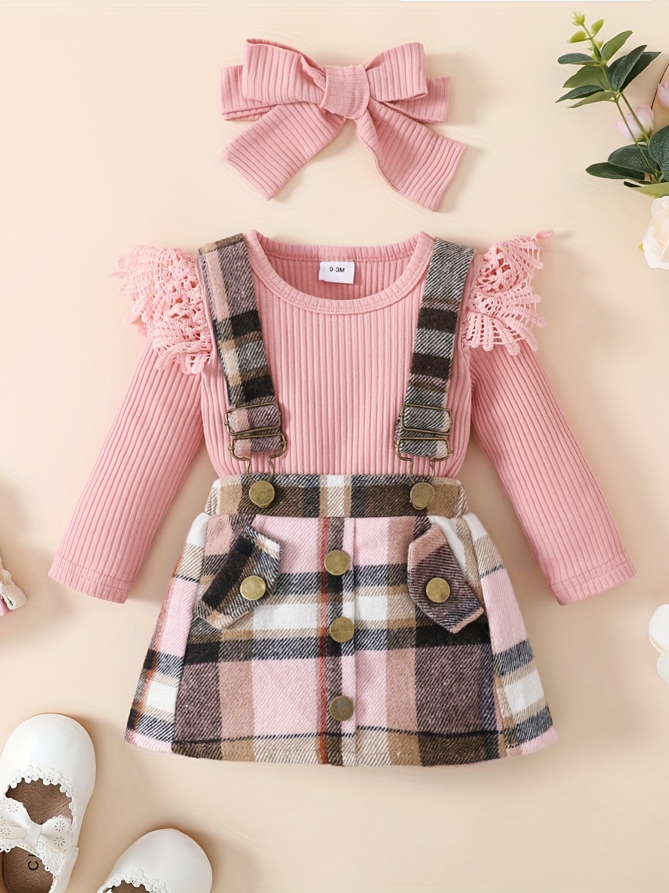 3pcs Baby Girls Long Sleeve Onesie & Plaid Suspender Skirt Set